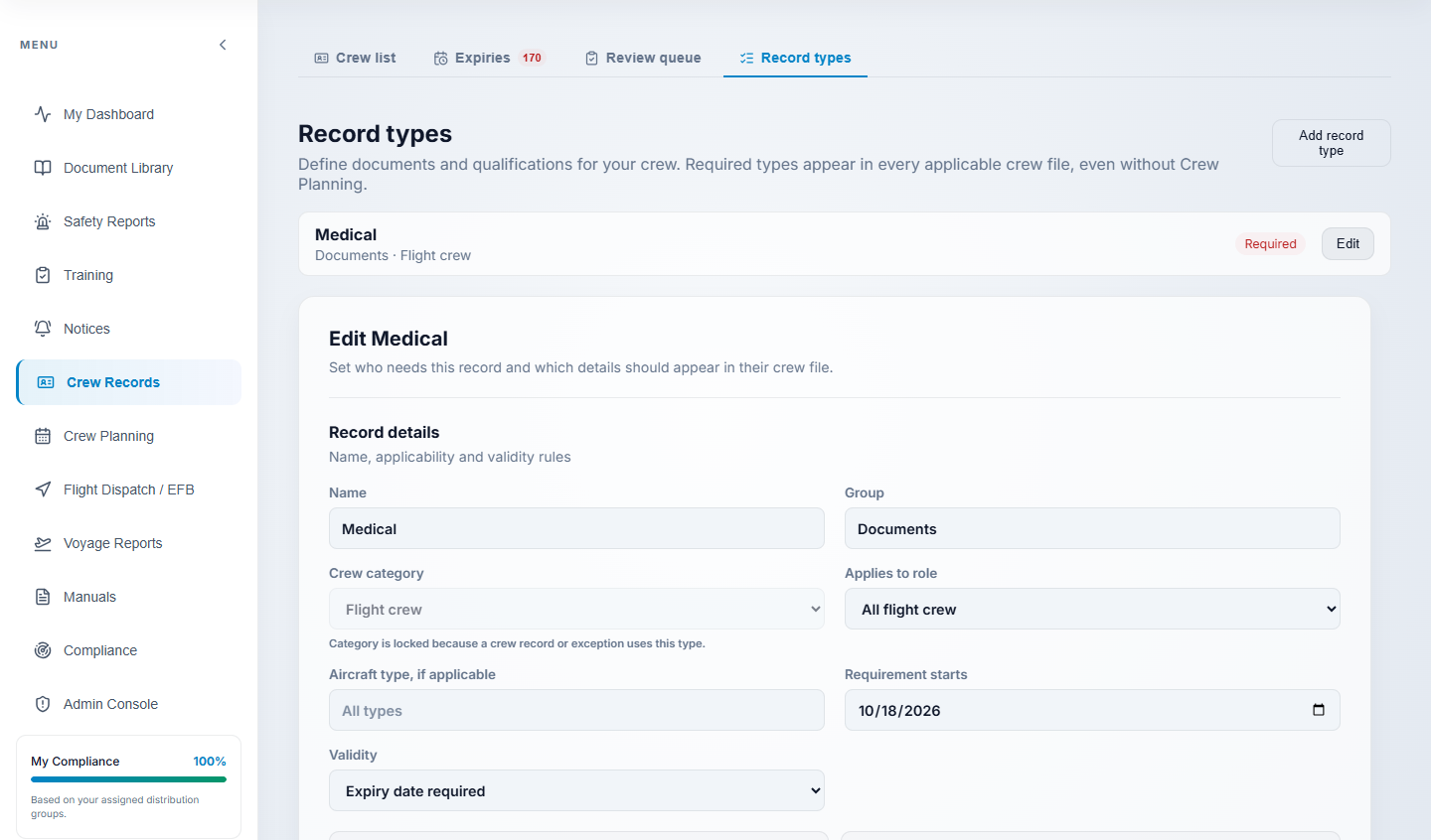 Crew Record Requirements